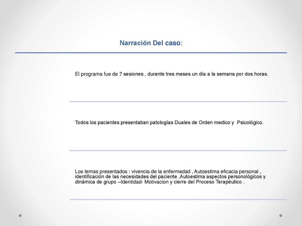 Narración Del caso: El programa fue de 7 sesiones , durante tres meses un día a la semana por dos horas.