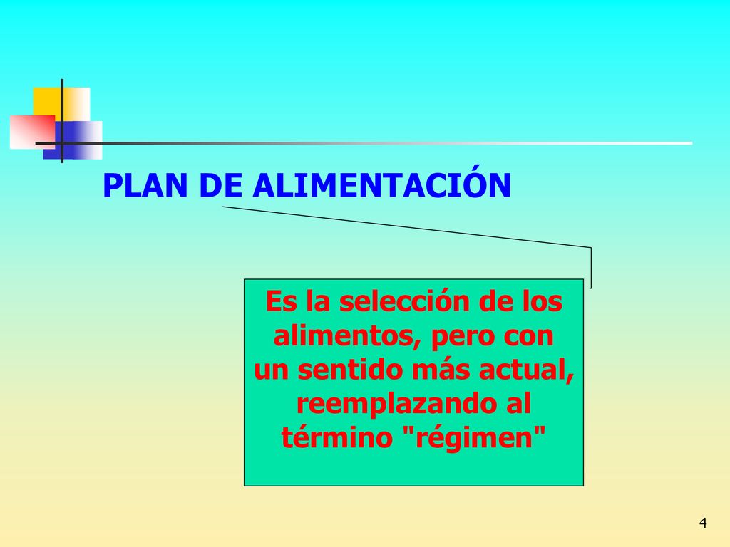 PLAN DE ALIMENTACIÓN Es la selección de los alimentos, pero con un sentido más actual, reemplazando al término régimen
