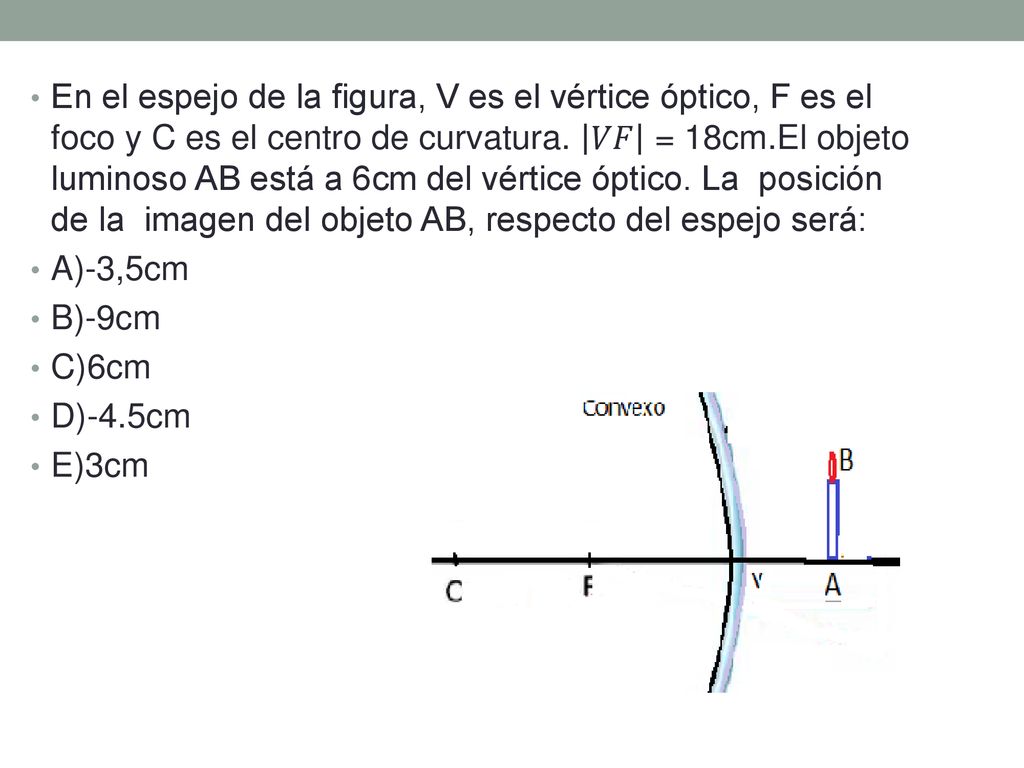 En el espejo de la figura, V es el vértice óptico, F es el foco y C es el centro de curvatura. 𝑉𝐹 = 18cm.El objeto luminoso AB está a 6cm del vértice óptico. La posición de la imagen del objeto AB, respecto del espejo será: