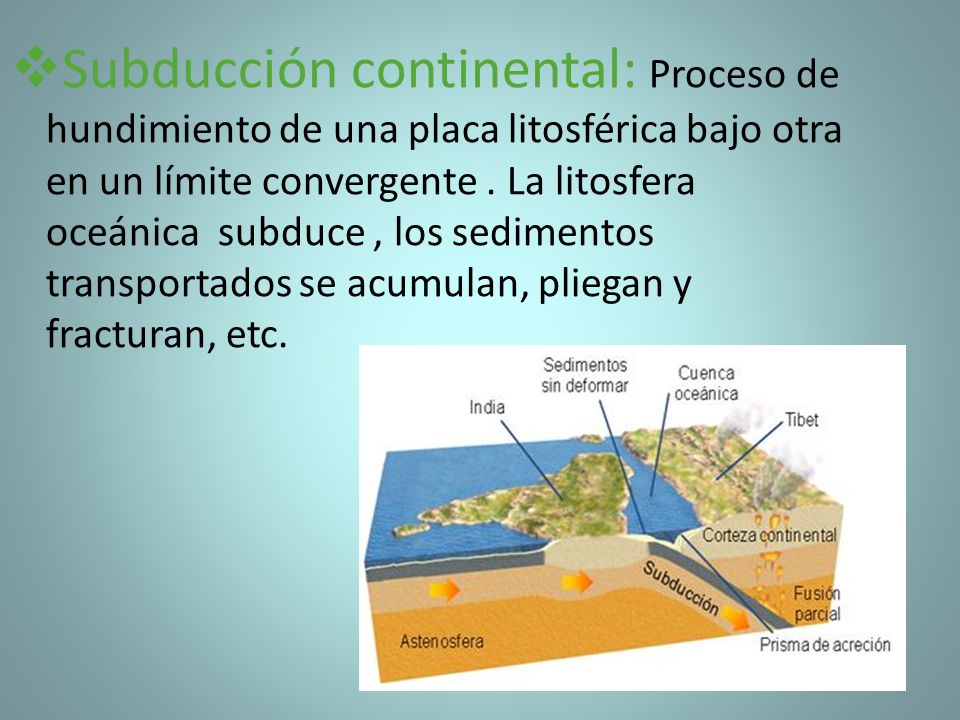 Subducción continental: Proceso de hundimiento de una placa litosférica bajo otra en un límite convergente .