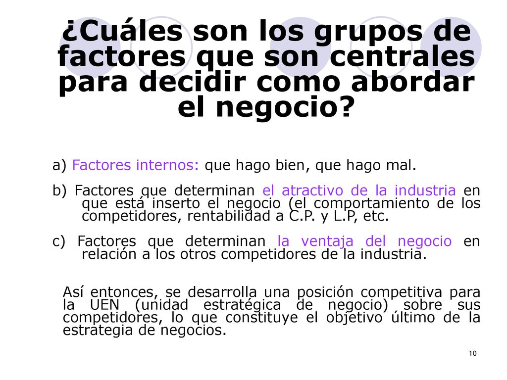 ¿Cuáles son los grupos de factores que son centrales para decidir como abordar el negocio