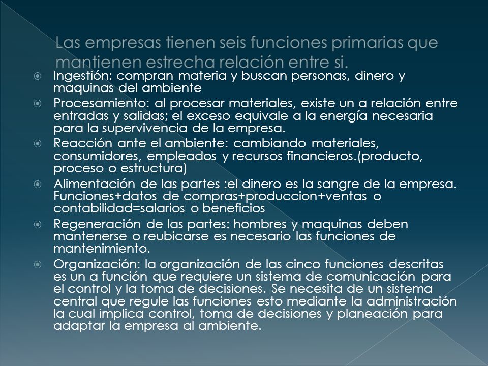 Las empresas tienen seis funciones primarias que mantienen estrecha relación entre si.