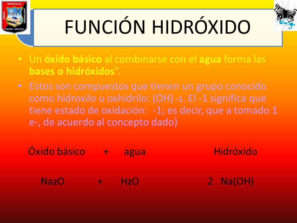 Óxido básico + agua Hidróxido Na2O + H2O 2 Na(OH)