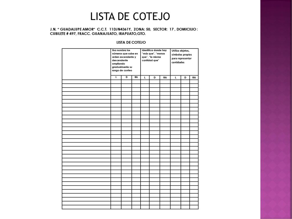 LISTA DE COTEJO J.N. GUADALUPE AMOR C.C.T. 11DJN4361Y, ZONA: 50, SECTOR: 17 , DOMICILIO : CUBILETE # 497, FRACC. GUANAJUATO, IRAPUATO,GTO.
