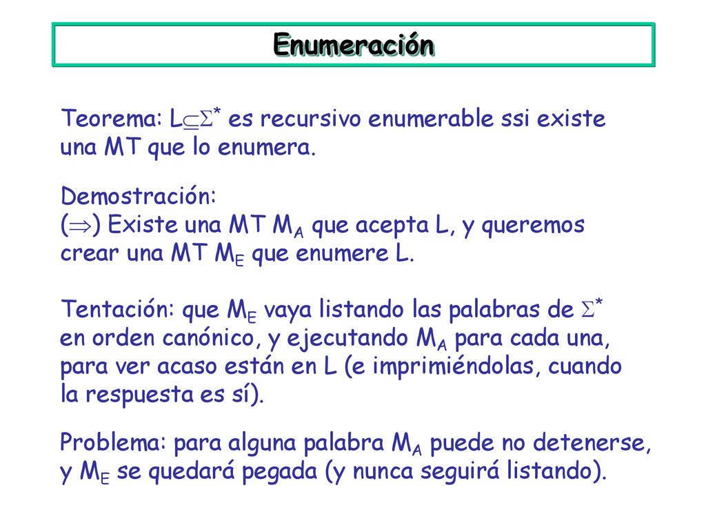 Enumeración Teorema: L* es recursivo enumerable ssi existe una MT que lo enumera. Demostración: