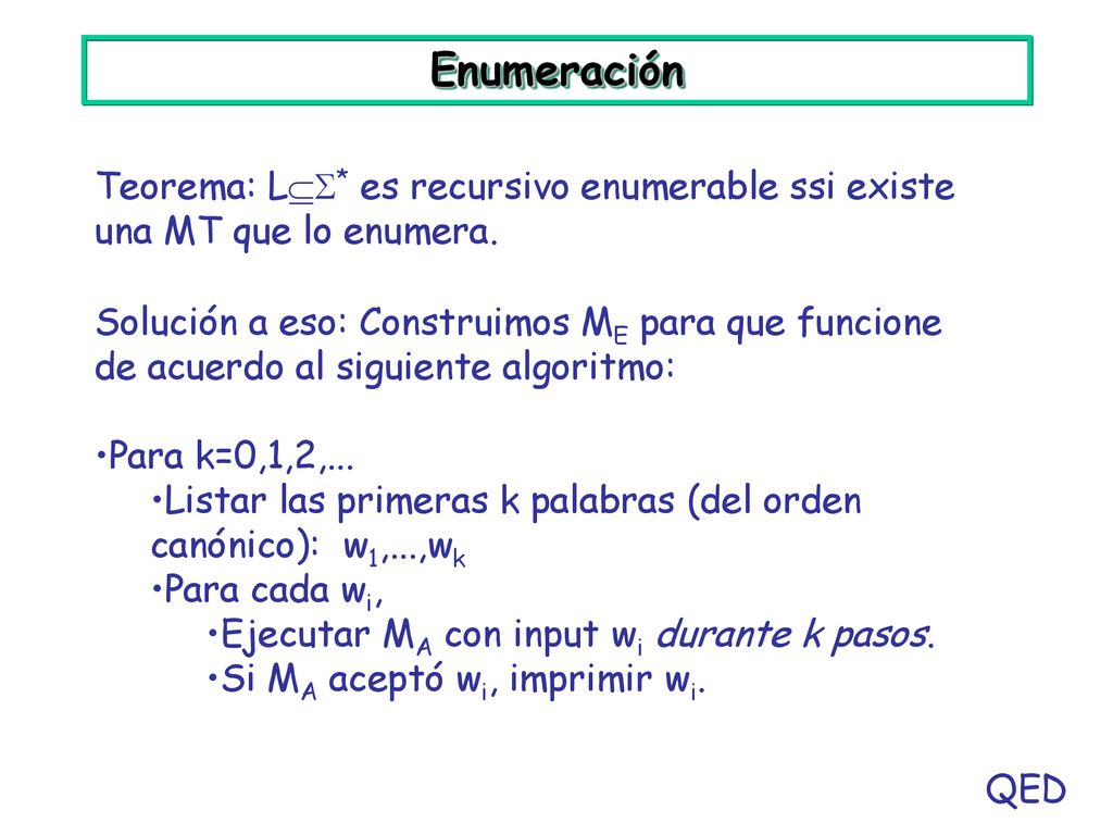 Enumeración Teorema: L* es recursivo enumerable ssi existe una MT que lo enumera.