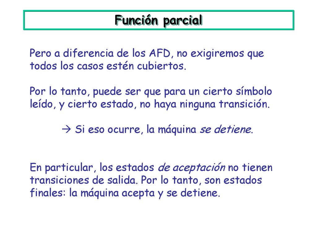 Función parcial Pero a diferencia de los AFD, no exigiremos que todos los casos estén cubiertos.