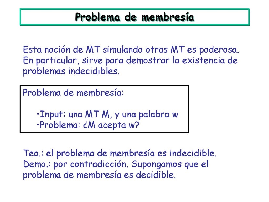 Problema de membresía Esta noción de MT simulando otras MT es poderosa. En particular, sirve para demostrar la existencia de problemas indecidibles.