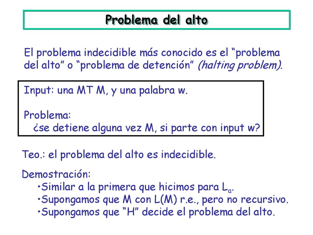 Problema del alto El problema indecidible más conocido es el problema del alto o problema de detención (halting problem).