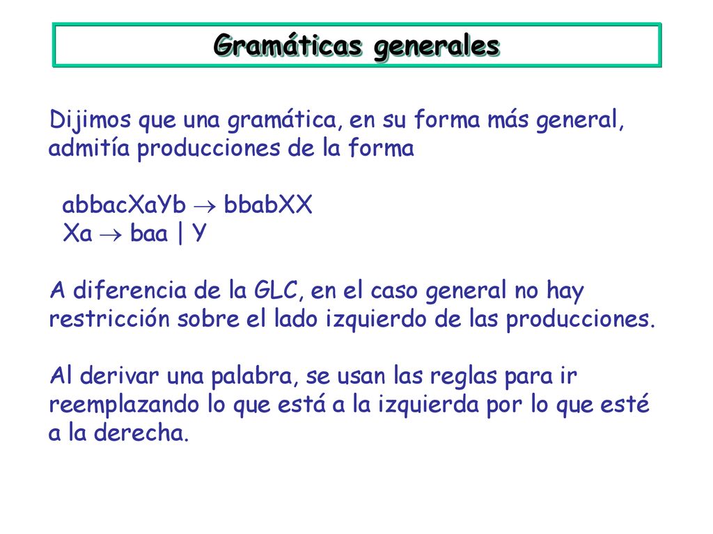 Gramáticas generales Dijimos que una gramática, en su forma más general, admitía producciones de la forma.
