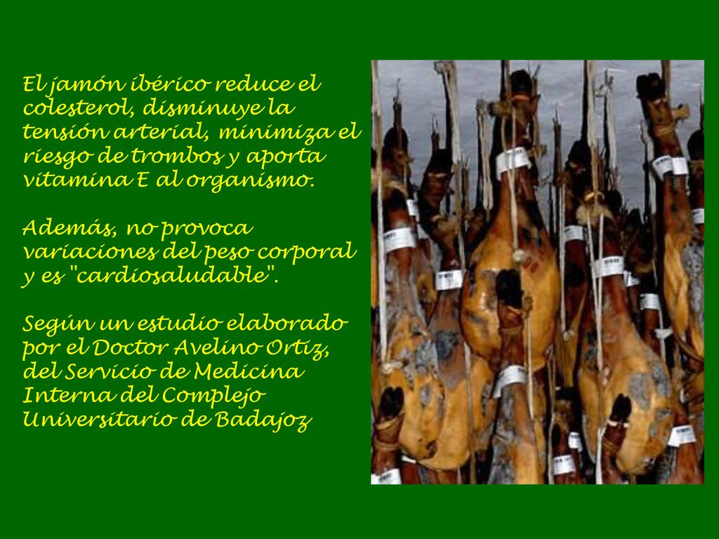 El jamón ibérico reduce el colesterol, disminuye la tensión arterial, minimiza el riesgo de trombos y aporta vitamina E al organismo.