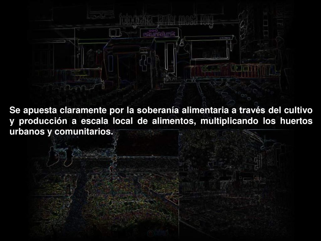 Se apuesta claramente por la soberanía alimentaria a través del cultivo y producción a escala local de alimentos, multiplicando los huertos urbanos y comunitarios.