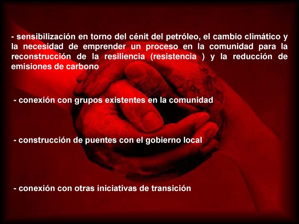 - sensibilización en torno del cénit del petróleo, el cambio climático y la necesidad de emprender un proceso en la comunidad para la reconstrucción de la resiliencia (resistencia ) y la reducción de emisiones de carbono