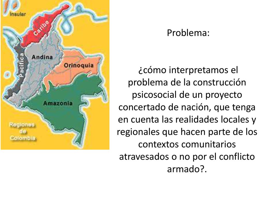 Problema: ¿cómo interpretamos el problema de la construcción psicosocial de un proyecto concertado de nación, que tenga en cuenta las realidades locales y regionales que hacen parte de los contextos comunitarios atravesados o no por el conflicto armado .