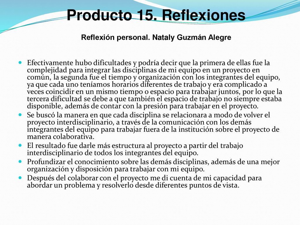Producto 15. Reflexiones Reflexión personal. Nataly Guzmán Alegre