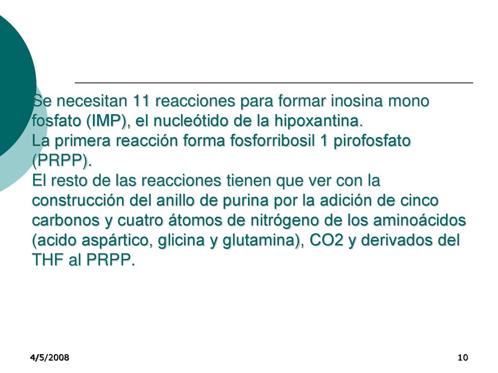 Se necesitan 11 reacciones para formar inosina mono fosfato (IMP), el nucleótido de la hipoxantina. La primera reacción forma fosforribosil 1 pirofosfato (PRPP). El resto de las reacciones tienen que ver con la construcción del anillo de purina por la adición de cinco carbonos y cuatro átomos de nitrógeno de los aminoácidos (acido aspártico, glicina y glutamina), CO2 y derivados del THF al PRPP.