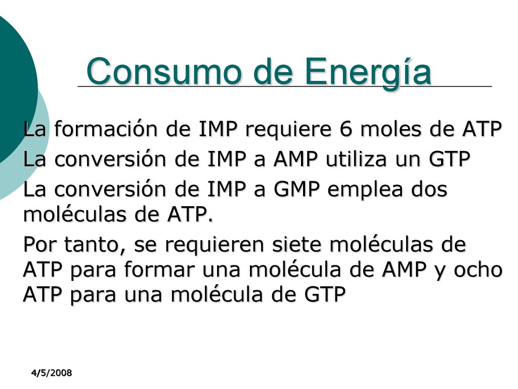 Consumo de Energía La formación de IMP requiere 6 moles de ATP