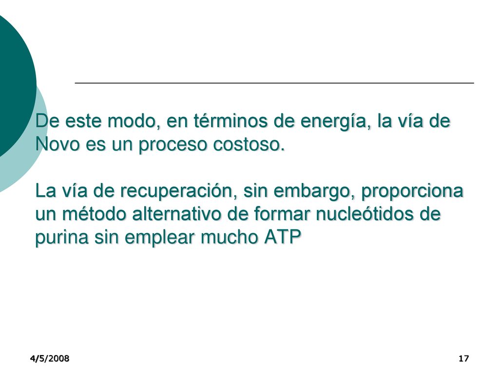 De este modo, en términos de energía, la vía de Novo es un proceso costoso. La vía de recuperación, sin embargo, proporciona un método alternativo de formar nucleótidos de purina sin emplear mucho ATP