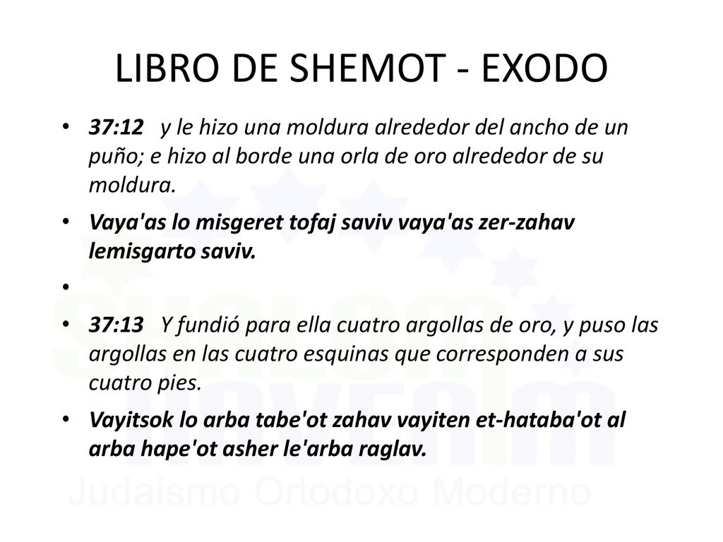 LIBRO DE SHEMOT - EXODO 37:12 y le hizo una moldura alrededor del ancho de un puño; e hizo al borde una orla de oro alrededor de su moldura.