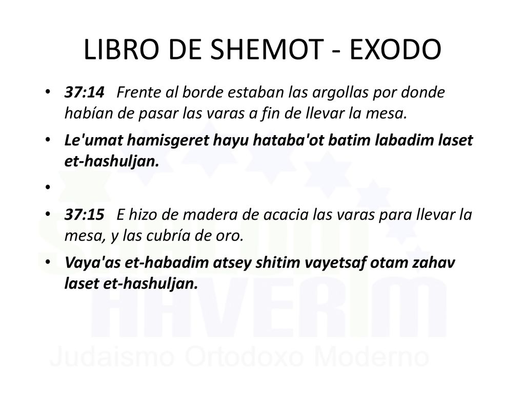 LIBRO DE SHEMOT - EXODO 37:14 Frente al borde estaban las argollas por donde habían de pasar las varas a fin de llevar la mesa.
