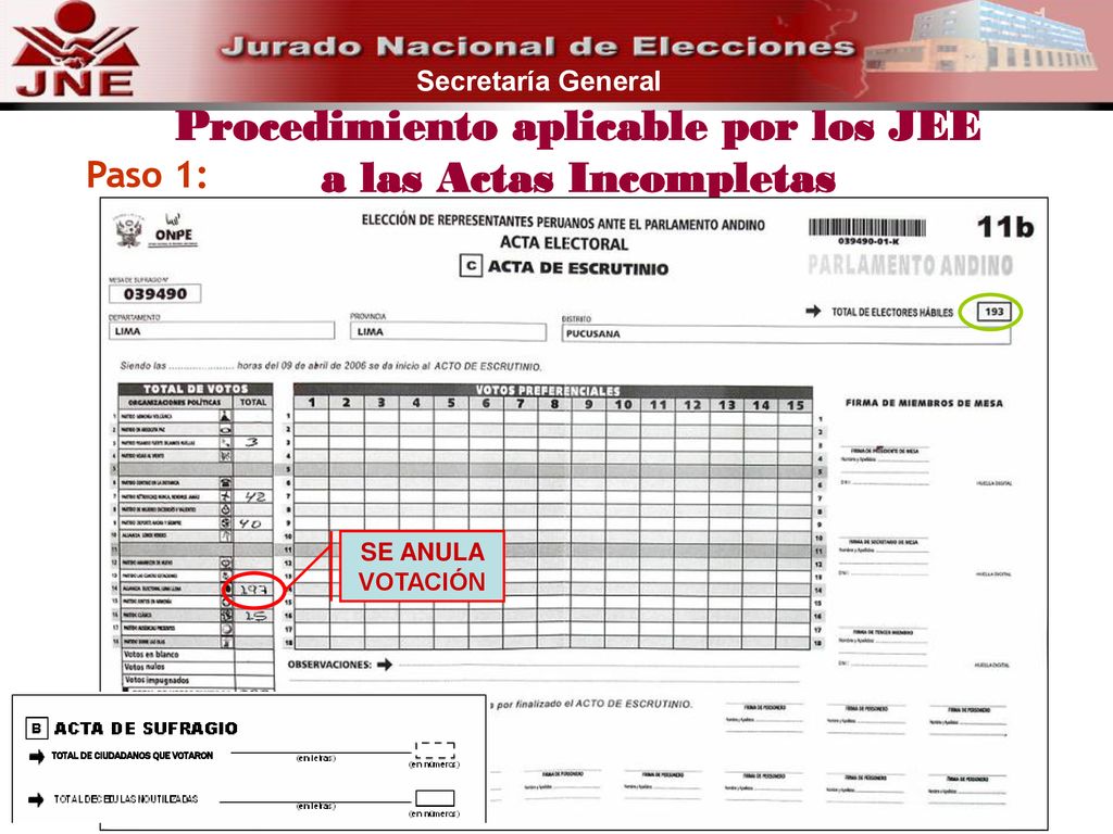 Procedimiento aplicable por los JEE a las Actas Incompletas