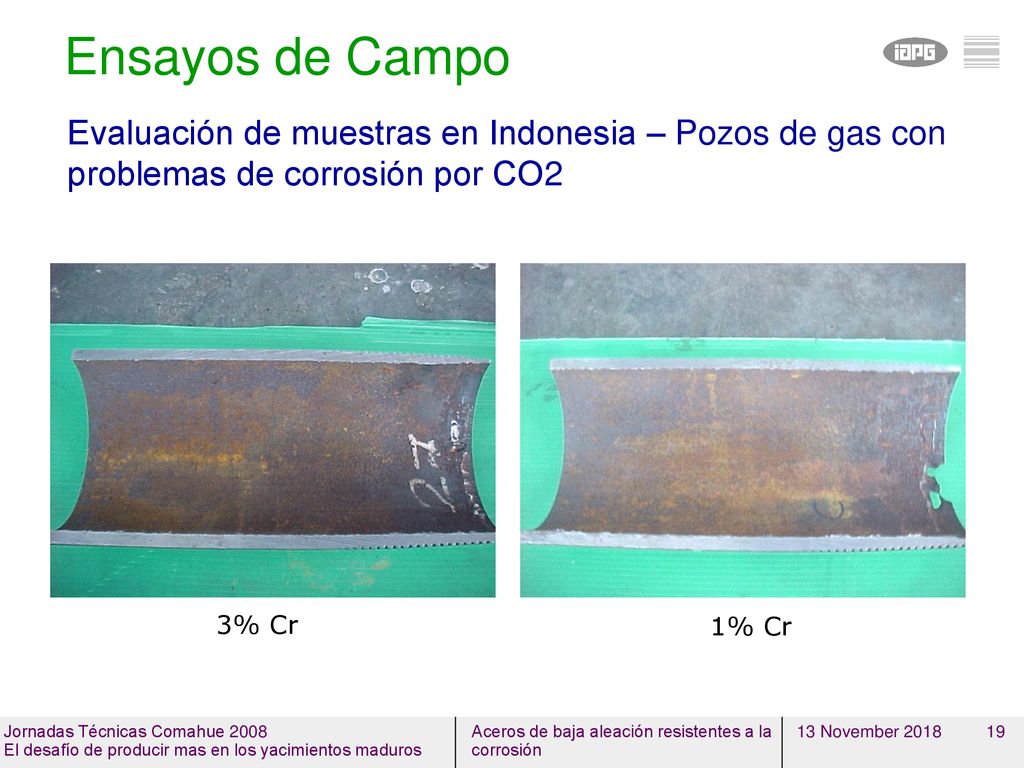 Ensayos de Campo 13 November Evaluación de muestras en Indonesia – Pozos de gas con problemas de corrosión por CO2.