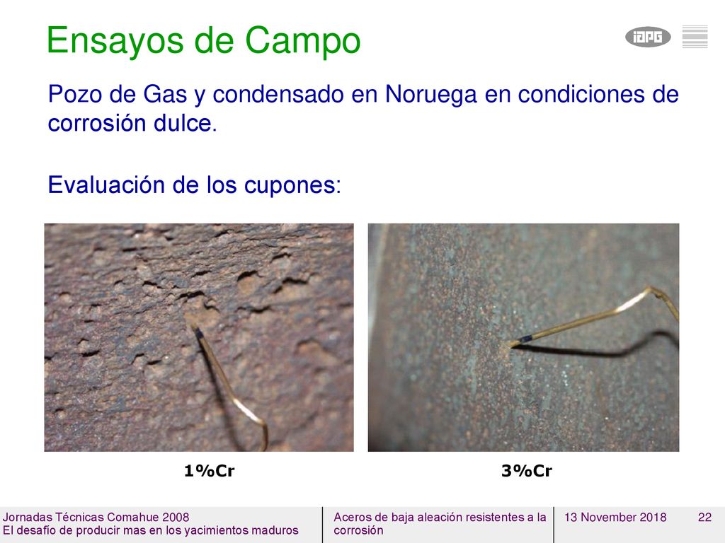 Ensayos de Campo 13 November Pozo de Gas y condensado en Noruega en condiciones de corrosión dulce.