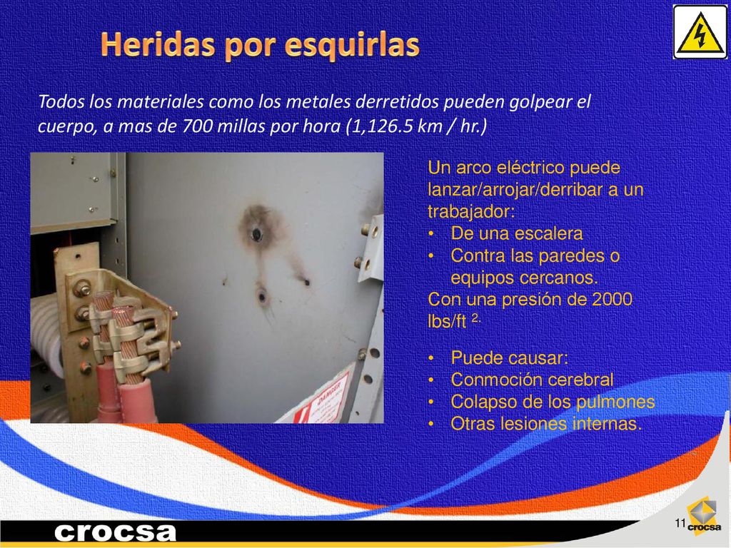 Heridas por esquirlas Todos los materiales como los metales derretidos pueden golpear el cuerpo, a mas de 700 millas por hora (1,126.5 km / hr.)