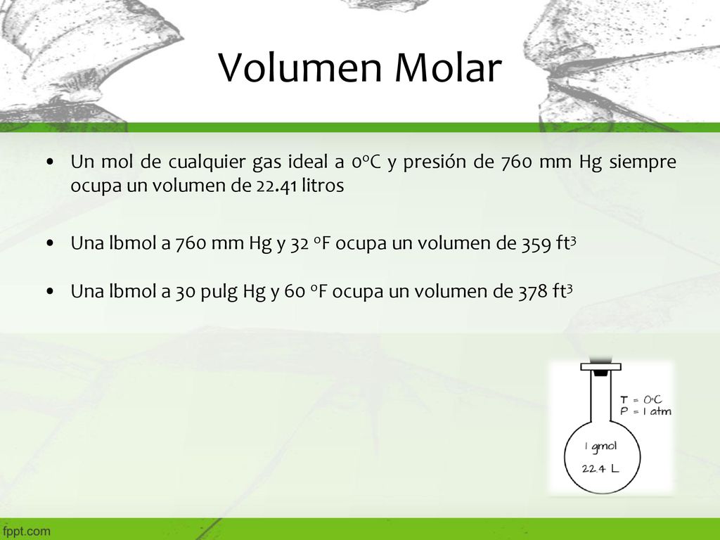 Volumen Molar Un mol de cualquier gas ideal a 0oC y presión de 760 mm Hg siempre ocupa un volumen de litros.