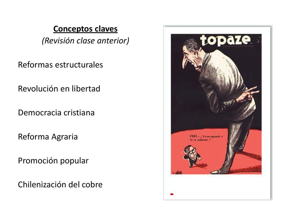 Conceptos claves (Revisión clase anterior) Reformas estructurales Revolución en libertad Democracia cristiana Reforma Agraria Promoción popular Chilenización del cobre
