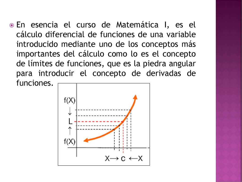 En esencia el curso de Matemática I, es el cálculo diferencial de funciones de una variable introducido mediante uno de los conceptos más importantes del cálculo como lo es el concepto de límites de funciones, que es la piedra angular para introducir el concepto de derivadas de funciones.