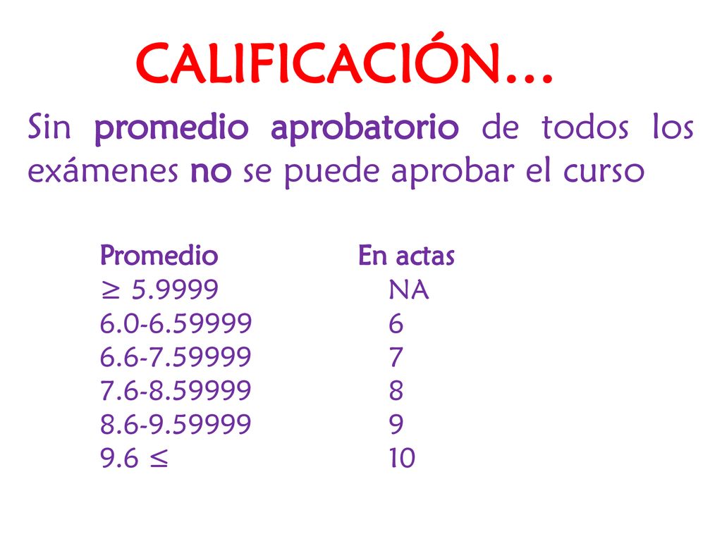 CALIFICACIÓN… Sin promedio aprobatorio de todos los exámenes no se puede aprobar el curso. Promedio En actas.