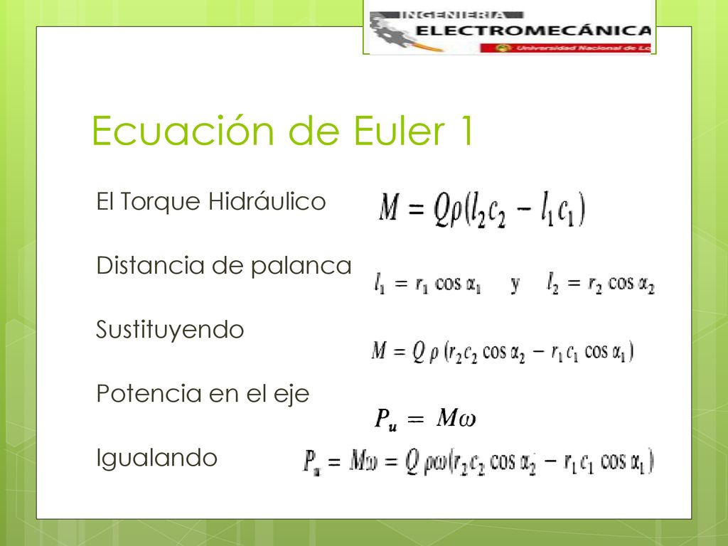 Ecuación de Euler 1 El Torque Hidráulico Distancia de palanca Sustituyendo Potencia en el eje Igualando