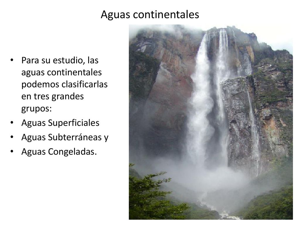 Aguas continentales Para su estudio, las aguas continentales podemos clasificarlas en tres grandes grupos: