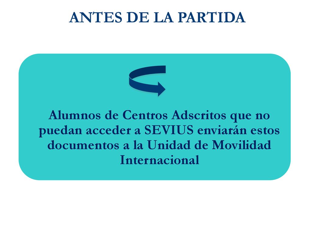 ANTES DE LA PARTIDA Alumnos de Centros Adscritos que no puedan acceder a SEVIUS enviarán estos documentos a la Unidad de Movilidad Internacional.