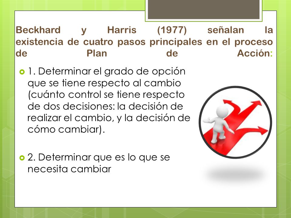 Beckhard y Harris (1977) señalan la existencia de cuatro pasos principales en el proceso de Plan de Acción: