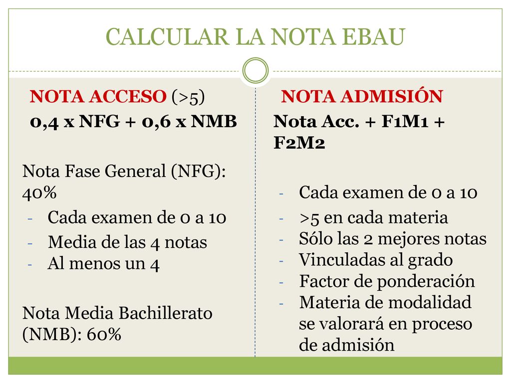 CALCULAR LA NOTA EBAU NOTA ACCESO (>5) 0,4 x NFG + 0,6 x NMB
