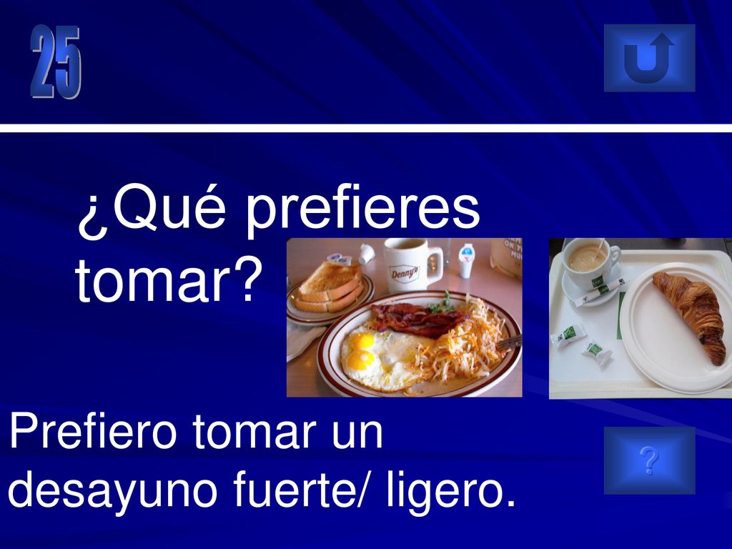 25 ¿Qué prefieres tomar Prefiero tomar un desayuno fuerte/ ligero.