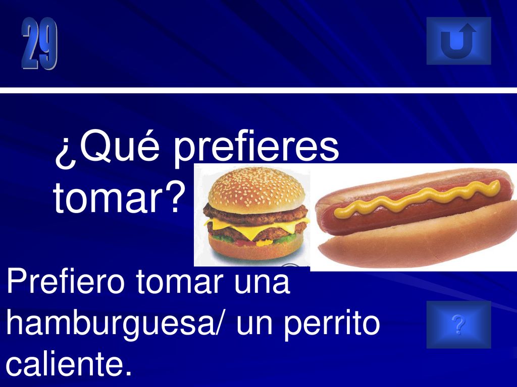 29 ¿Qué prefieres tomar Prefiero tomar una hamburguesa/ un perrito caliente.