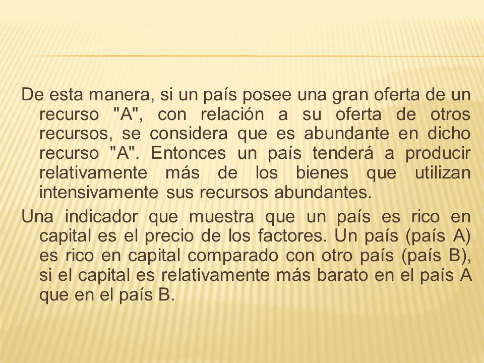 De esta manera, si un país posee una gran oferta de un recurso A , con relación a su oferta de otros recursos, se considera que es abundante en dicho recurso A . Entonces un país tenderá a producir relativamente más de los bienes que utilizan intensivamente sus recursos abundantes.