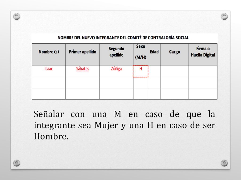 Señalar con una M en caso de que la integrante sea Mujer y una H en caso de ser Hombre.