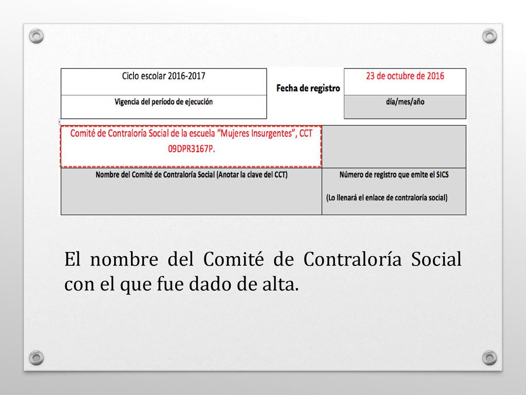 El nombre del Comité de Contraloría Social con el que fue dado de alta.