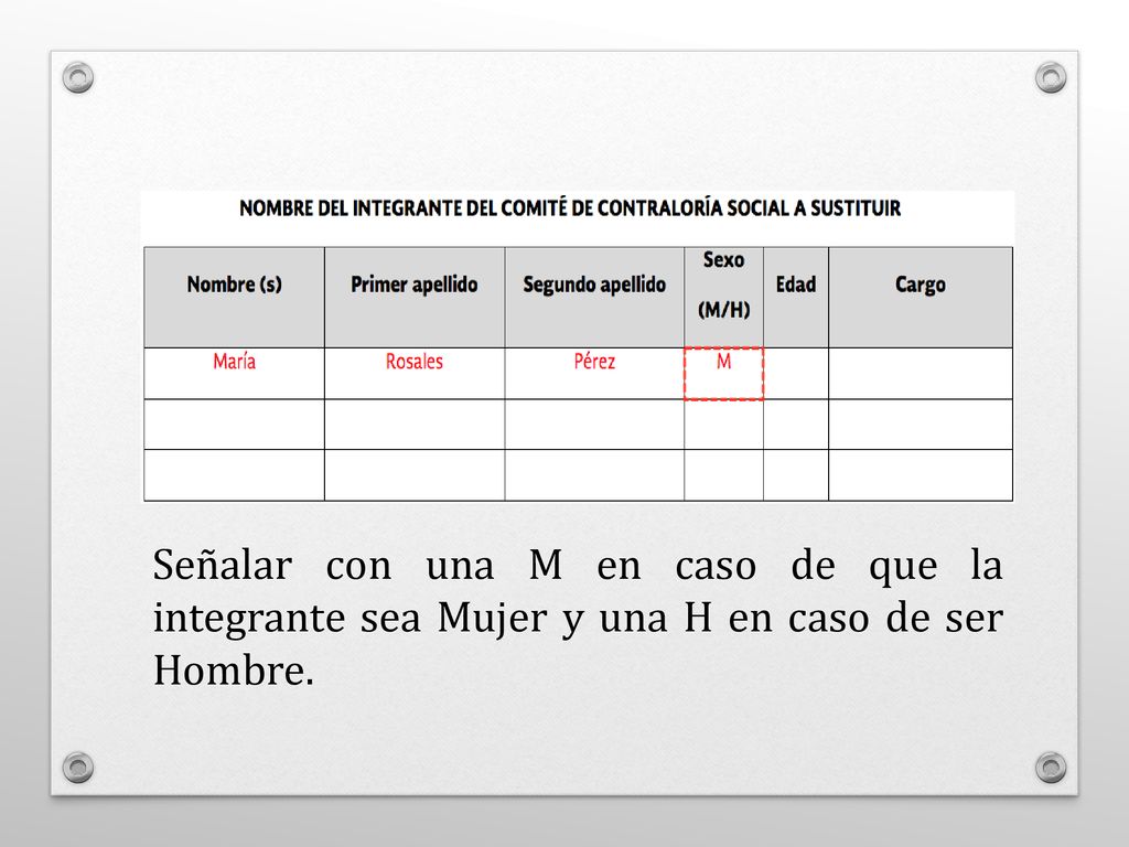 Señalar con una M en caso de que la integrante sea Mujer y una H en caso de ser Hombre.