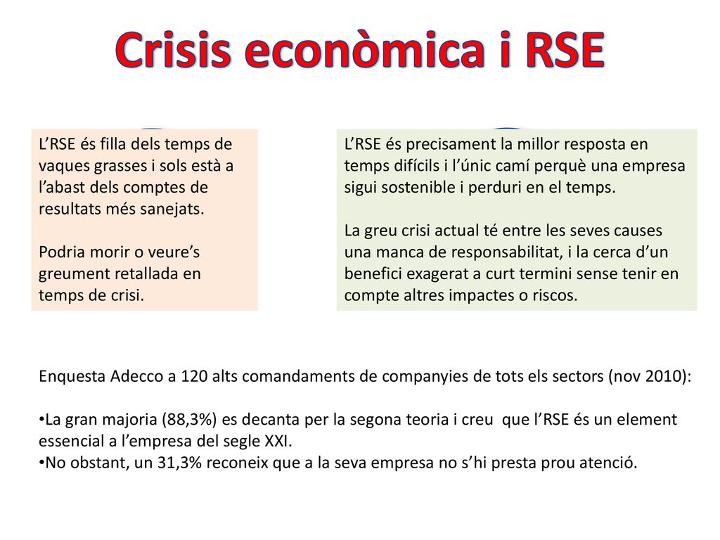 Crisis econòmica i RSE L’RSE és filla dels temps de vaques grasses i sols està a l’abast dels comptes de resultats més sanejats.
