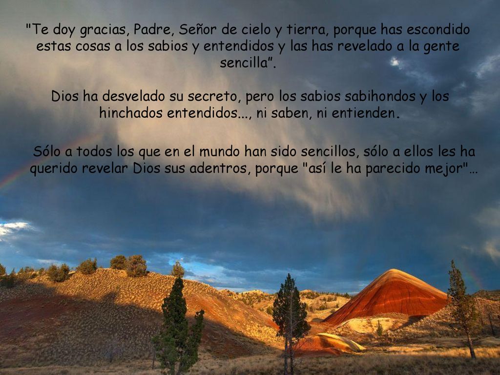 Te doy gracias, Padre, Señor de cielo y tierra, porque has escondido estas cosas a los sabios y entendidos y las has revelado a la gente sencilla .