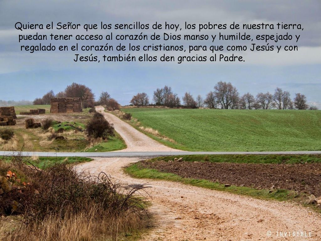 Quiera el Señor que los sencillos de hoy, los pobres de nuestra tierra, puedan tener acceso al corazón de Dios manso y humilde, espejado y regalado en el corazón de los cristianos, para que como Jesús y con Jesús, también ellos den gracias al Padre.