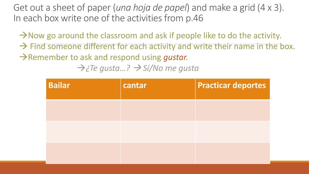 Get out a sheet of paper (una hoja de papel) and make a grid (4 x 3)