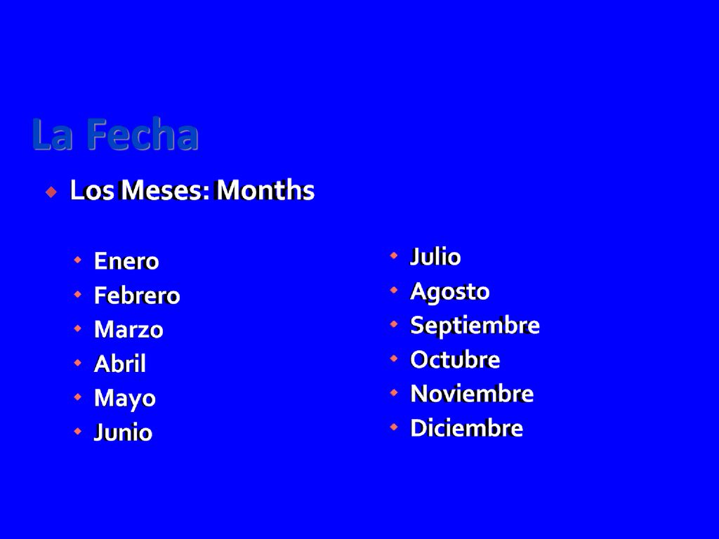 La Fecha Los Meses: Months Enero Julio Agosto Febrero Marzo Septiembre