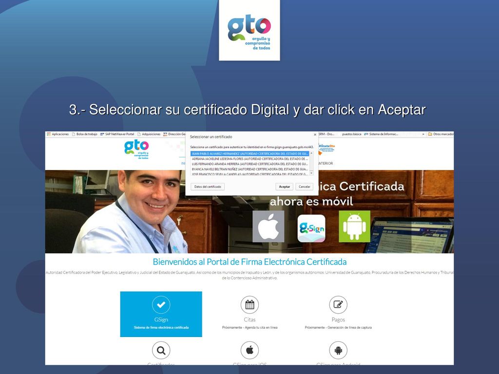 3.- Seleccionar su certificado Digital y dar click en Aceptar
