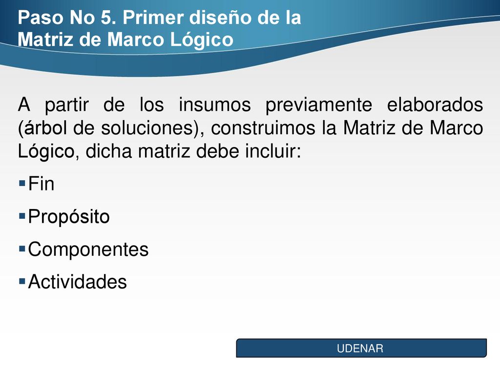 Paso No 5. Primer diseño de la Matriz de Marco Lógico